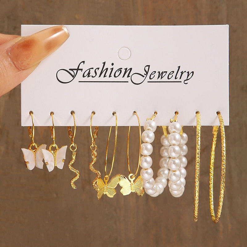 17KM Pearl Dangle Earrings Set Gold Color Hoop Earrings for Women