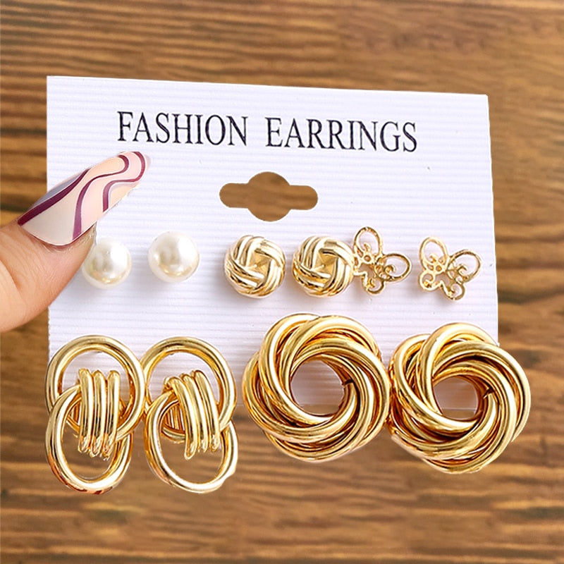 17KM Pearl Dangle Earrings Set Gold Color Hoop Earrings for Women