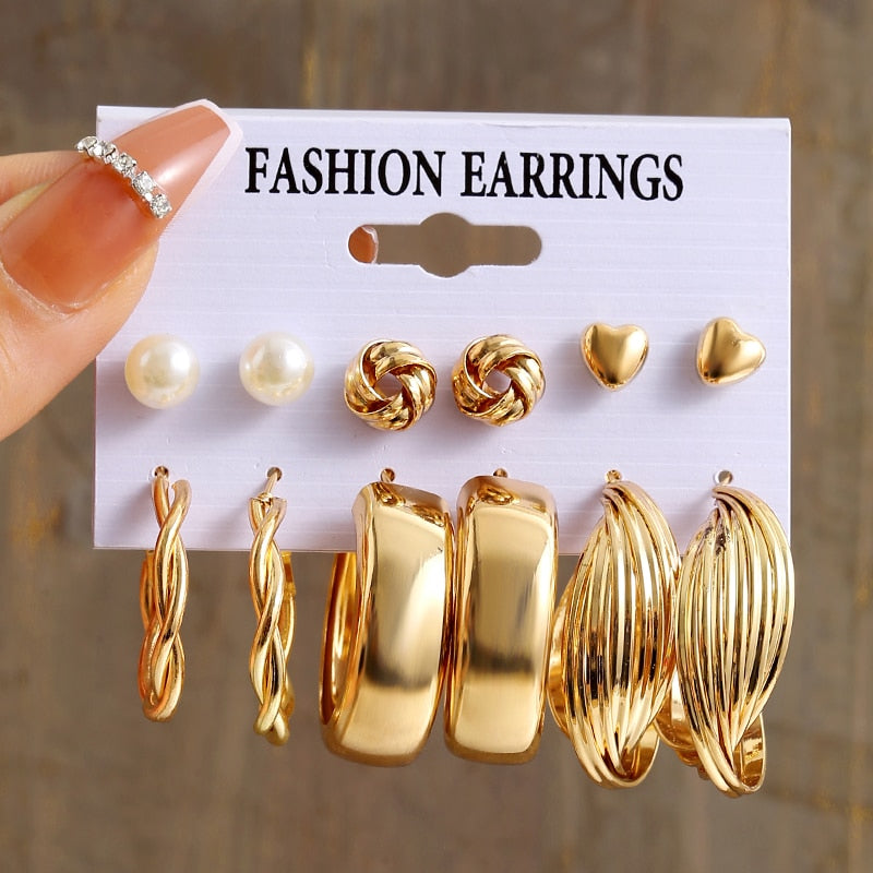 17KM Pearl Dangle Earrings Set Gold Color Hoop Earrings for Women